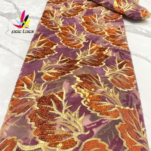 2021 Nigerian Burnt Orange Embroidered French Sequence Lace Fabric High Quality African Seuqins Lace Fabric For Party XZ2990B-4