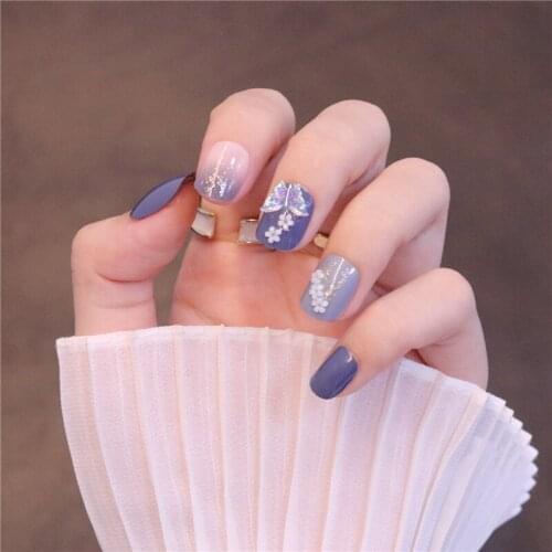 24pcs Blue Color Wear Small Paragraph Fashion Manicure Patch False Nails Save Time Wearable Nail Patch Fake Nails