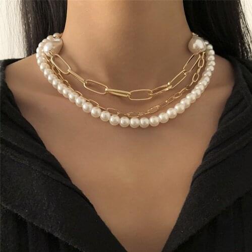 3Pcs/Set Vintage Cuban Chunky Choker Necklace Women Collares Boho Baroque Pearl Beaded Chains Statement Link Necklace Jewelry