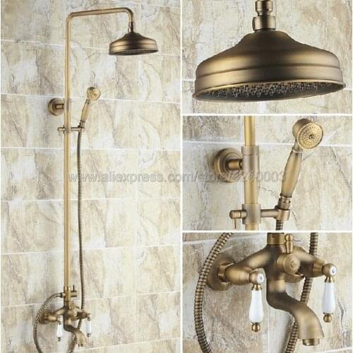 Antique Brass 8 inch Shower Head Bathroom Shower Faucet Sets Double Handles Mixer Tap with Tub Spout Krs004