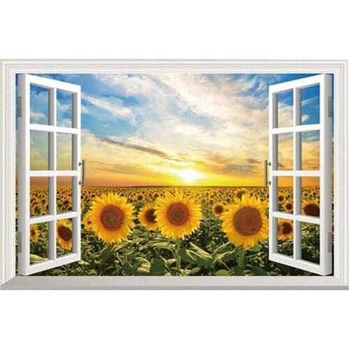 Promotion! 3D Sunflower Fake Windows Wall Stickers Landscape Faux Windows Wall Decal Removable Wall Decor For Livingroom bedroom