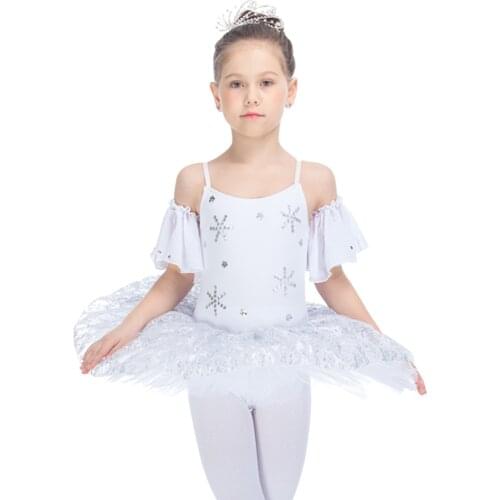 Girls Snow Costumes White CottonLycra Leotard Tutu Dress for Kids on Stage Performance Ballet Dance