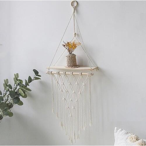 Bohemian Macrame Tapestry Rack Wall Hanging Storage Wooden Shelf Hand-Woven Cotton Rope Tapestry Wall Decoration Shelves