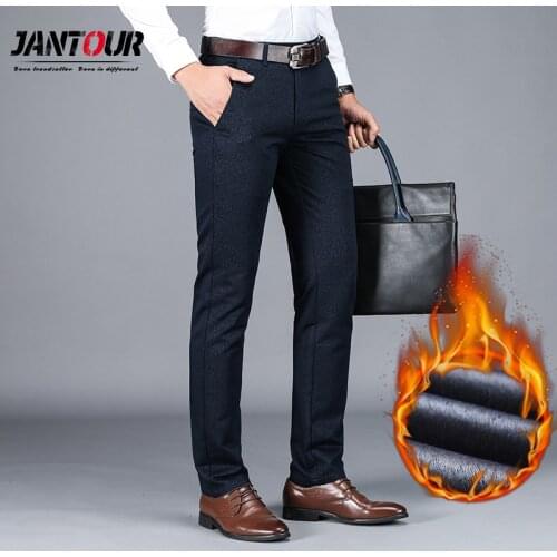 JANTOUR Men Pants Winter Fleece Trousers 2020 New Business Casual Fashion Thicken Elasticity Straight Work Men Pants Size 40 42