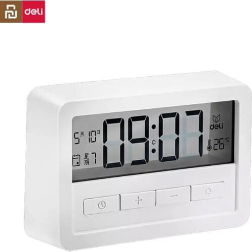 Deli Portable Multifunctional Electronic Clock LCD Screen Display Alarm Setting Date Temperature Week Display Delay Function