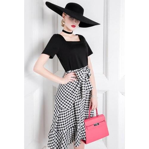 High End Temperament Stitching Skirt Fashion Celebrity Plaid Lace Up Waist Slim Dress Long Skirt