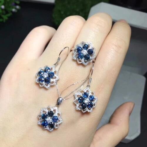 Natural sapphire suit, latest style, ring stud earrings, 925 silver, good gemstones, natural gemstones