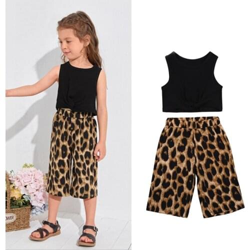 2Pcs Summer Casual Children Girls Clothes Solid Color O-Neck Sleeveless Tank Tops+Leopard Print Pants Suit for Girls 2-7 Years