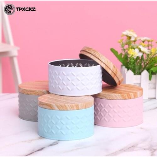 Round Empty Iron Box With Wood Grain Lid DIY Jar Candy Storage Box