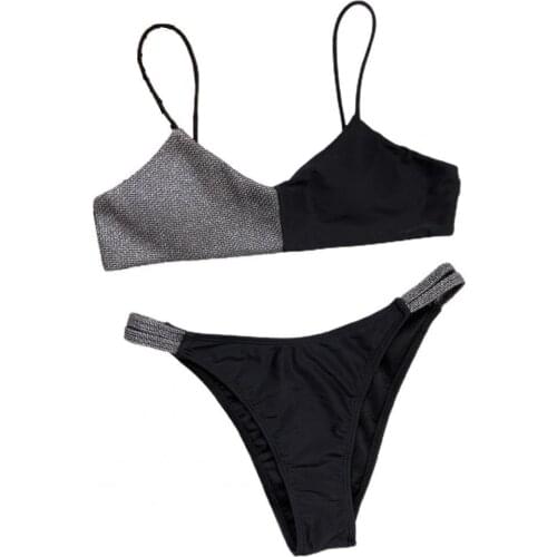 Bikini Color Block Shiny Two Piece Set Swimwear Women Summer Spaghetti Straps Bra Briefs Bathing Suit for Beach 2021 New