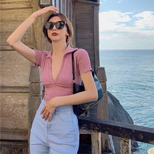 Summer Sexy Low-cut V-neck Short-sleeved Tops Tight-fitting Thin Solid Color Short T-shirt Women