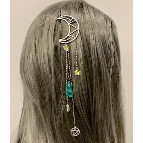 Moon Health Crystal Hairpin Star Natural Crystal Quartz Pentagram Hairpin Silver Moon Hair Accessories Gift