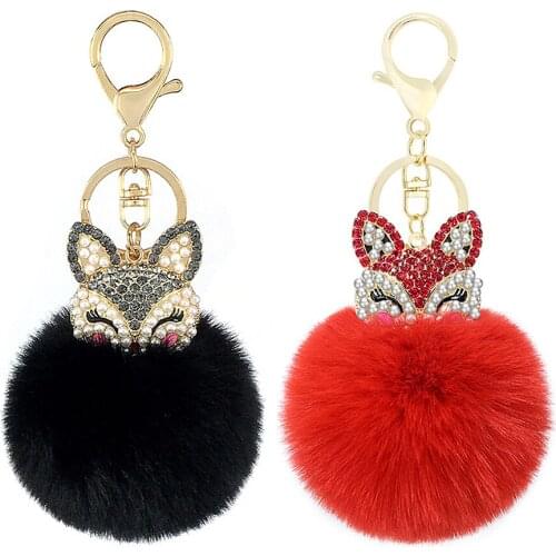 Cute Fluffy PomPom Keychains Fashion Jewelry Cartoon Fox with Diamonds Key Pendant Soft Faux Rex Rabbit Fur Ball Car Keyring