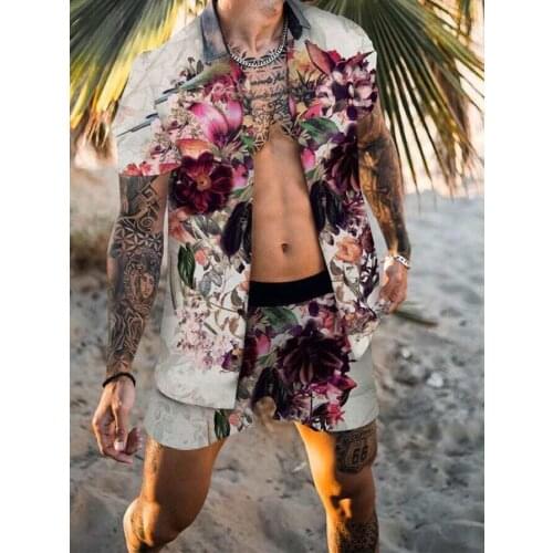 2021 New Flower Casual Hawaiian Set Mens Beach Coconut Print Shorts Mens Beach Shirt Set Two-piece M-3XL