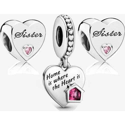 2021 New 925 sterling silver Sisters Love My Home Heart Dangle Charm packet Fit Pandora Bracelet Bangle charm Set DIY Jewelry