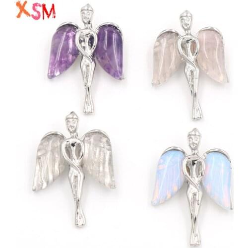 Xinshangmie 1 Pcs Silver Plated Cute Angel Wings Pendant Natural Amethysts Rose Quartzs Lucky Charms for Women Necklaces Jewelry