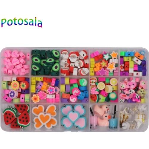 Potosala 15 Grid Fruit Flower Star Polymer Clay Beads Pendant Sets Cute Small Beaded DIY Decoration Jewelry Accessories Making