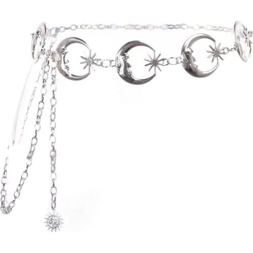 Harajuku Punk Moon Metal Belts Women Vintage High Waist Chain Waist Belts Gothic Moon Sun Sliver Pendant Belts Female Belts