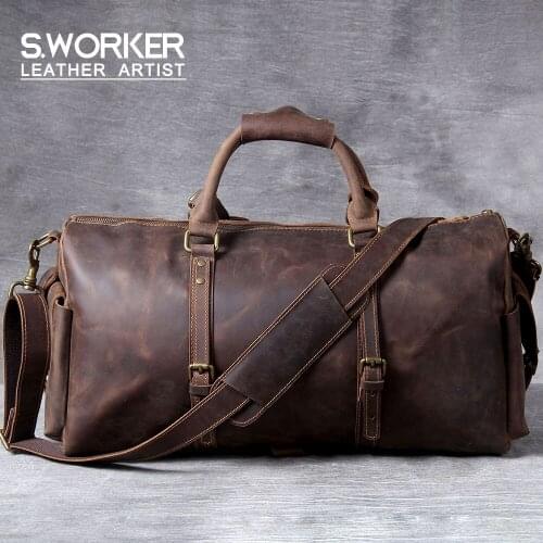 S.WORKER Genuine Leather Travel Bag Classic Vintage Full-grain Cowhide Leather Duffel Bag Weekender Bag HandBag Carry on Luggage