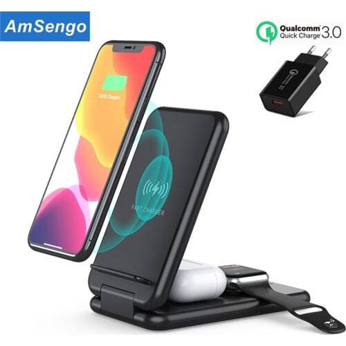 Amsengo 3 In 1 Folding Wireless Charger Stand For iPhone 12 11 Pro XS MAX XR 15W Qi Fast Charging Foldable Holder Phone Chargers
