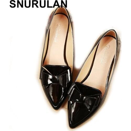 SNURULAN Spring Shoes Womens 2020 New Summer Flat Bottom Soft Sole Flats Sweet Bowtie Solid Color Patent Leather Pointed Toe