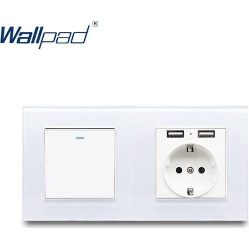 On Off Switch and EU Socket with USB Wallpad Crystal White Glass Panel 16A AC 90V-265V 2.4A USB Ports