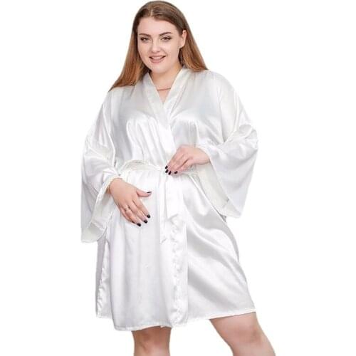 Plus Size Long Sleeve Nightgown Female Fresh New Sexy Pajamas V-neck Clothing Wholesale White Black Pink Silk Robes for Women