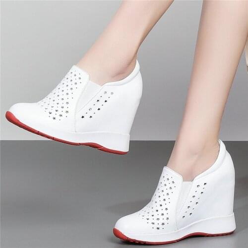 10cm High Heel Fashion Sneakers Women Hollow Cow Leather Wedges Ankle Boots Female Round Toe Platform Pumps Shoes Casual Shoes
