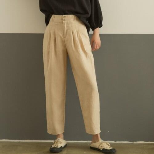 Johnature New Casual Solid Color Linen Ankle-length Pants For Women Loose Japanese High Waist Button Zipper Pants 2021 Summer