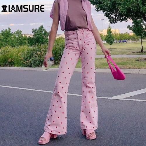 IAMSURE Heart Shape Print Pink Trousers Women 2020 Sweet Girl Slim Hight Waist Boot Cut Wide Leg Pants Holiday Y2K Aesthetic