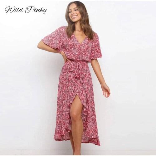 Soolasea 2021 New Summer Women Floral Print Long Dress Tie Up Belt Short Sleeve Boho Style Madi Dress Ruffles Sundress Vestidos