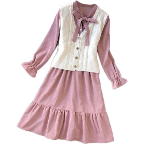2020 Korean Spring Autumn Corduroy Dress Knitted Vest Two-piece Sets For Women Winter Elegant Cute Bow Dresses Girls M835