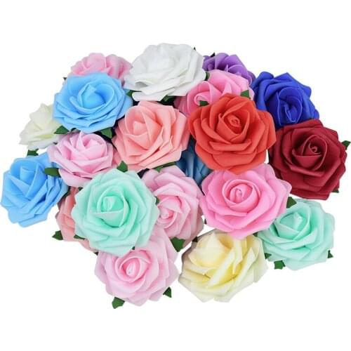 20pcs 7cm Pe Foam Rose Heads With Leaf Artificial Roses Flowers For Wedding Decoration DIY Handmade Bouquet Wreath Fake Flower