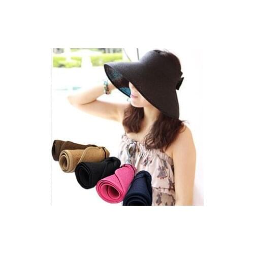 2018 New Fashion Women Lady Foldable Roll Up Sun Beach Wide Brim Straw Visor Hat Cap 50PCS
