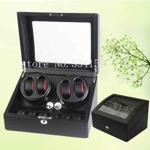 Free shipping NEW 4+6 Black Carbon Automatic PU watch winder box storage display watches motor jewelry gift winder watch box