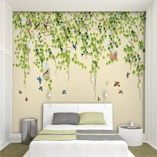 Custom large wallpaper simple vine flower and bird background wall painting waterproof material