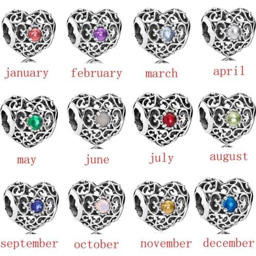 New 12 month birthday stone heart openwork charm DIY fine beads Fit Original Pandora Charms silver 925 Bracelet Jewelry F357