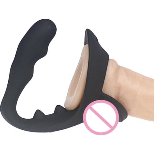 Black Silicone Anal Plug Penis Ring Ball Stretcher Male Prostate Massager Butt Plug Cock Ring Delay Cock Cage Sex Toys for Men