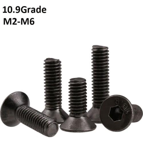 Black Nickel Plating Grade 10.9 Carbon Steel Hex Hexagon Socket Flat Head Screws Countersunk Head Screw Bolts M2-M6 DIN7991
