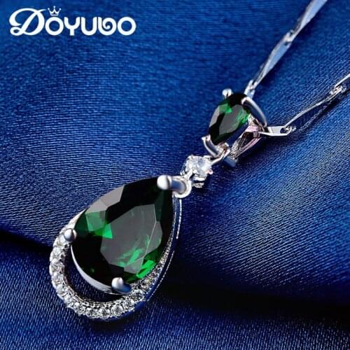 DOYUBO Luxury Womens 925 Sterling Silver Drop Water Pendant Necklace With Pricious Colorful Cubic Zircon Lady Party Chain VA039
