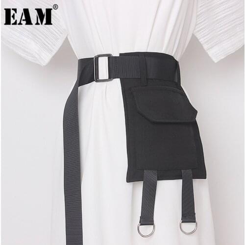[EAM] Black Pocket Metal Buckle Split Joint Long Wide Belt Personality Women New Fashion Tide All-match Spring 2021 1Y05701