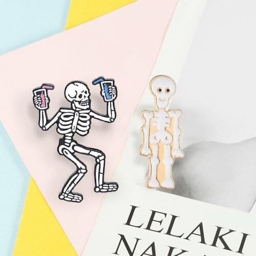 White Gothic Skeleton Enamel Pin Halloween Drink Skull Ghost Badge Brooches Bag Denim Shirt Lapel Pins Jewelry Gift for Friends