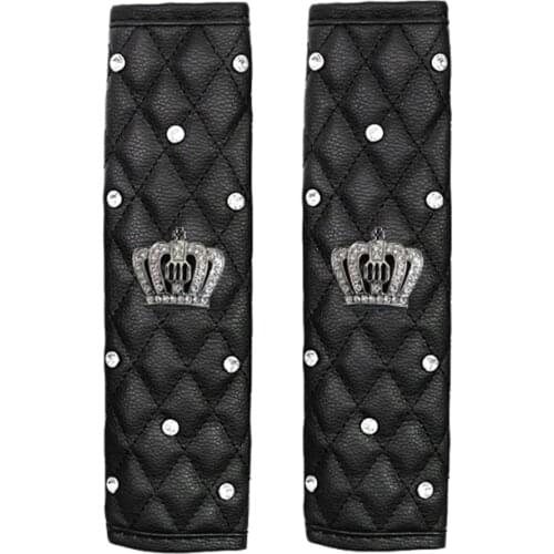 PU Leather Car Seat Belt Cover Shoulder Seat Belt Pad Rhinestones Crown 2 PCS Adults Youth