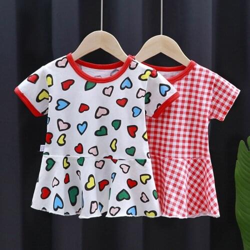 Toddler Baby Girls Clothes Summer Short Sleeve Pleated Dress for Girls Kids Plaid Letters Printed Dresses Children Clothing 2021