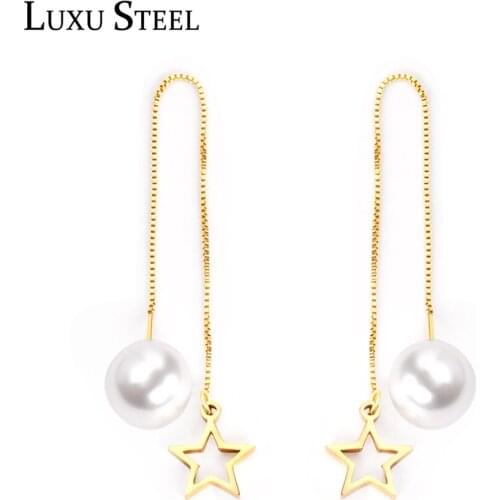 LUXUSTEEL New Star Round Imitation Pearl Drop Earrings For Women Silver Color Stainless Steel Long Box Chains Earrings Brinco