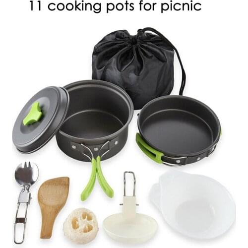 Camping 11pcs Cookware Mess Kit Portable Lightweight Folding Camping Pots and Pans Set for Outdoor Camping Hiking Pot Set