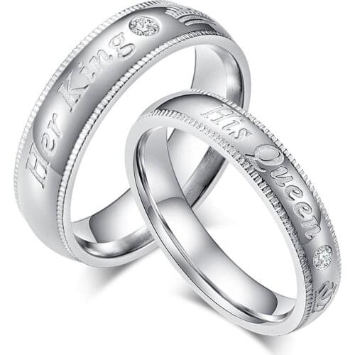 Silver Color Titanium Romantic Couple Ring Her King and His Queen Engagement Wedding Rings Women Men Jewelry Gift