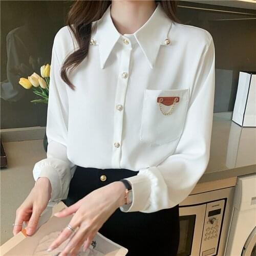 Solid Turn Down Collar Ladies Tops Women Shirts Blusas Feminine Spring 2021 New White long-sleeved Chiffon Shirt Women Top 692H