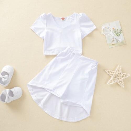 Infant Kids Baby Solid Color Clothes Set, Girls Short Puff Sleeve V-neck Tops + Irregular Hem Shorts 1-5T