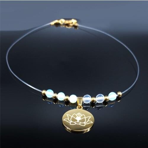 Yoga Lotus Moonstone Stainless Steel Choker Necklace Fishing Line Beads Necklace Jewelry gargantillas cortas mujer moda N20013S4